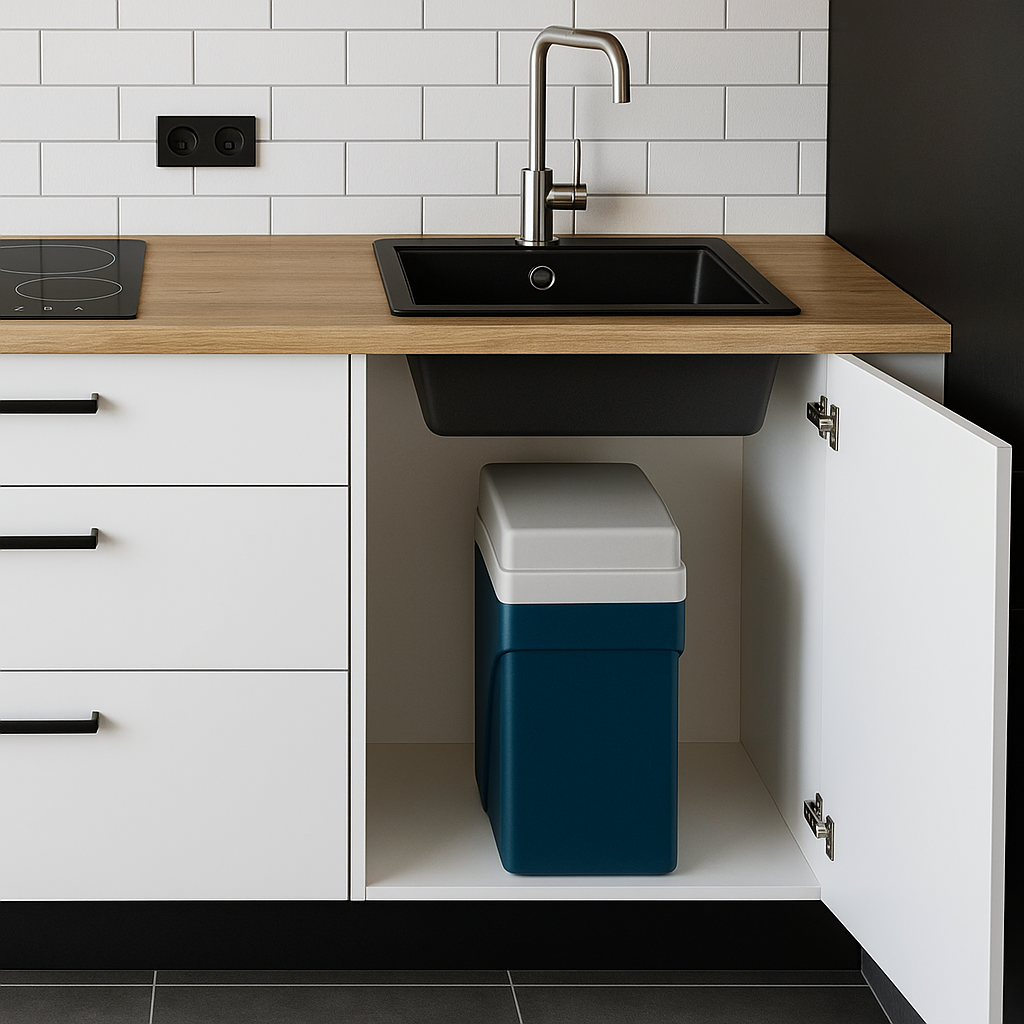 Calmag Calsoft water softener installed under a kitchen sink in a modern white and wood kitchen unit